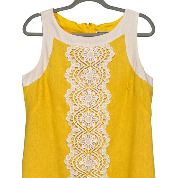 Jessica J Howard Sleeveless Linen Yellow White Shift Dress 12 Wide Lace Preppy - Picture 6 of 13
